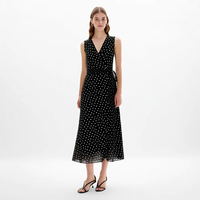 Robe mi-longue décontractée noire à pois pour femme avec logo personnalisé, sans manches, col en V, taille nouée, idéale pour l'été