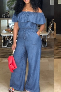 Combinaison Jean Ample Été Grande Taille Style Tendance à Bord Volanté, Col Bateau et Manches Courtes pour <span class=keywords><strong>Femme</strong></span> - Product Image 6