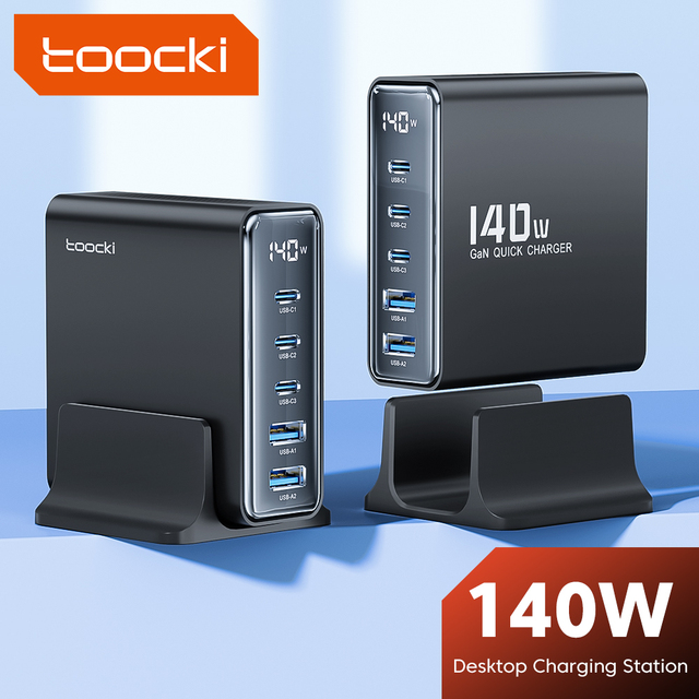 Toocki Powerful GaN 140W Desktop Charger 5 Port 3C2A Smart Charge High Wattage for Multi Device Usage