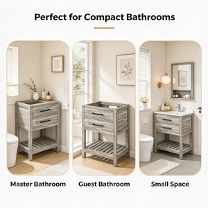 Meuble de salle de bain rustique en bois, deux tiroirs, étagère ouverte à lattes, armoire rectangulaire grise claire sur pied, miroir en céramique inclus - Product Image 2