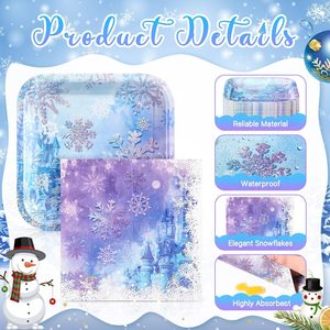 Ensemble d'assiettes et de serviettes en papier flocon de neige pour l'hiver, vaisselle jetable décorative pour anniversaire d'hiver et Nouvel An - Product Image 4