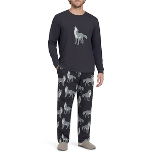 Ensemble de vêtements de nuit à manches longues pour hommes, haut et pantalon imprimés loup noir, pyjama doux et confortable - Product Image 1