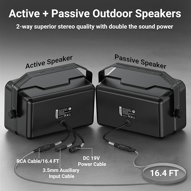 Outdoor Bluetooth Speakers Pair - Active Passive Wall Mount Stereo Speaker Wireless Multi-Speaker Connection With