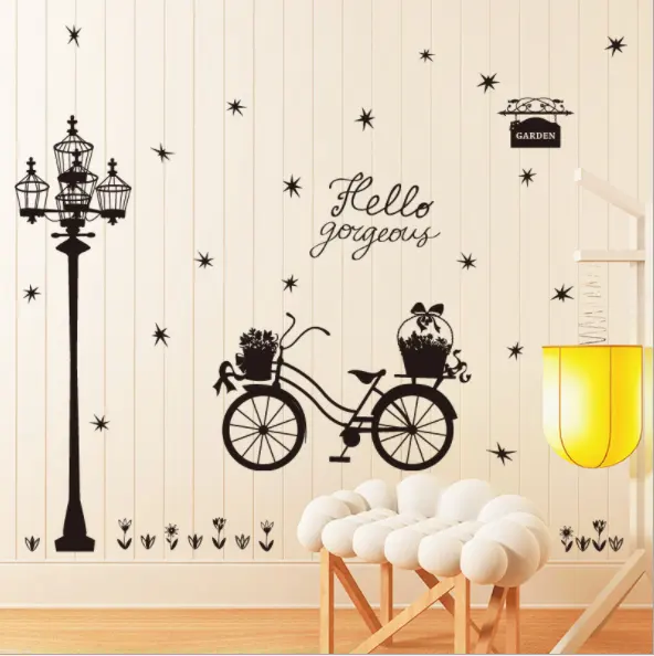 Hoa, xe đạp, đường phố cổ điển lights sticker phòng ngủ trang trí nhà tường sticker