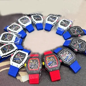 Montres mécaniques pour hommes en forme de tonneau, boîtier ajouré en fibre de carbone, montres chronographes, bracelets en tissu silicone. - Product Image 2