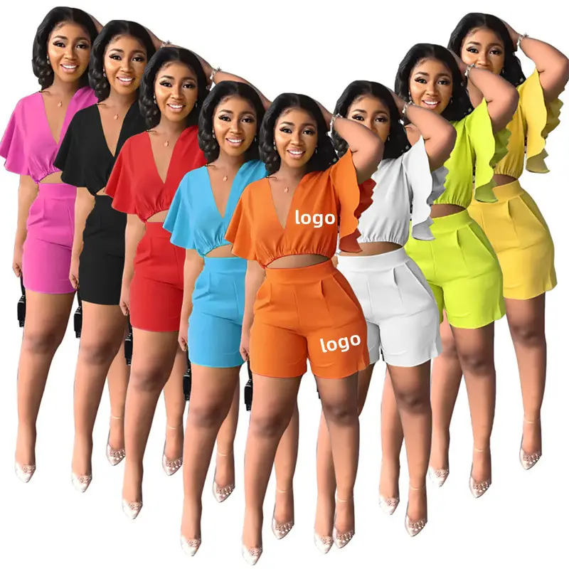 Custom Logo Ruffle Edge V-neck Top Loungewear Matching Women's 2 Piece Sets Two Piece Set Summer Short Sets for Women 2023