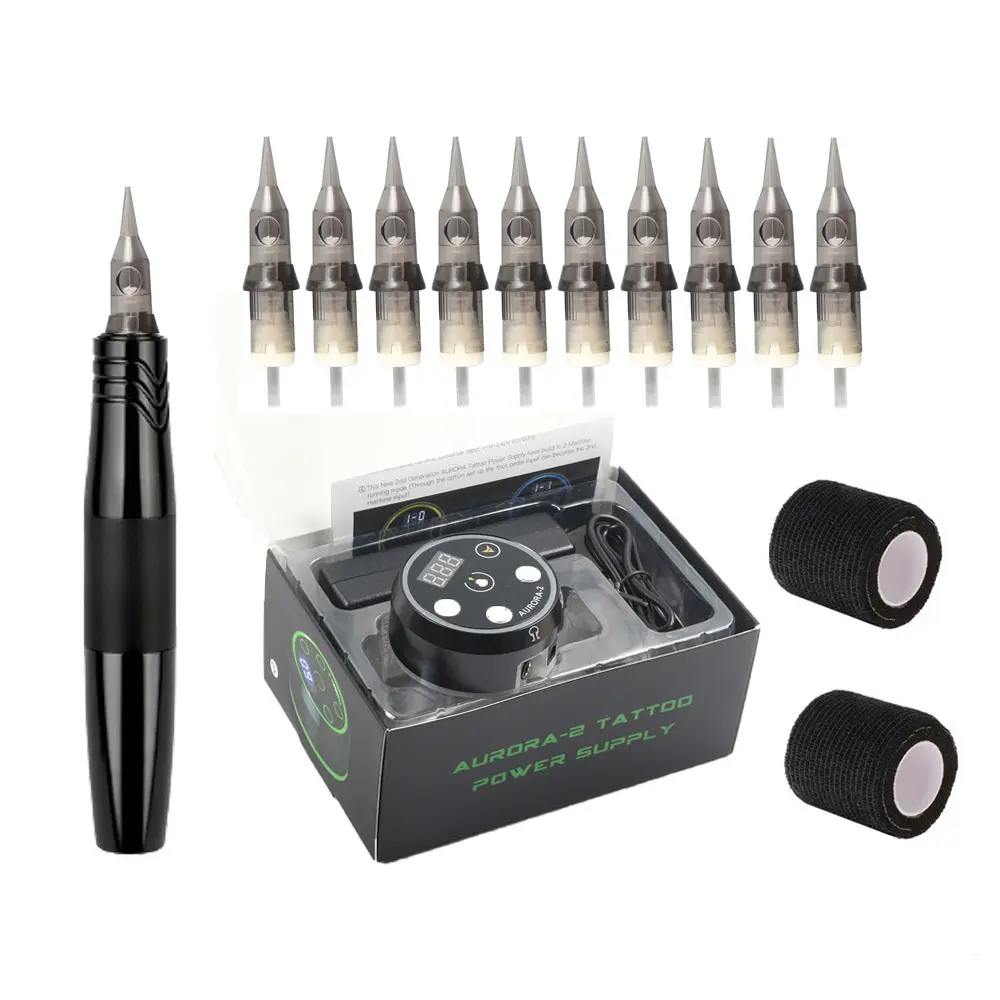 MONA Schwarz Permanent Makeup Tattoo Machine Pen Kit Mit LED-Anzeige Netzteil Tattoo Cartridge Nadeln Set