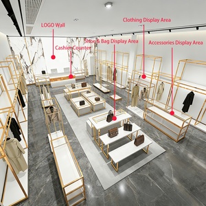 Exhibidores de Ropa de Alta Gama Personalizados para Tiendas de Zapatos, Bolsos y Ropa, Diseño Interior Dorado, Estantes para Exhibición de Vestidos de Mujer - Product Image 2