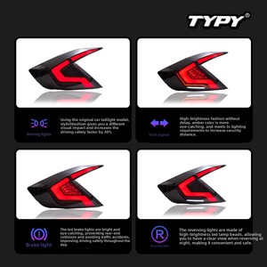 For for honda civic 10th Gen 2016-2020 Sickle Tail <b>Light</b> Assembly <b>LED</b> <b>Red</b> Lens Streamer Rear Tail <b>Light</b> - Product Image 4