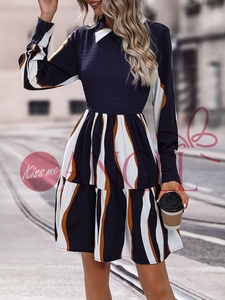 KISS ME ANGEL rétro tendance tempérament décontracté chemise col rayé <span class=keywords><strong>patchwork</strong></span> à manches longues femmes robe - Product Image 4
