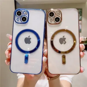 Casing Ponsel TPU Lembut Transparan Magnetik Plating Film Lensa Electroplating Jernih untuk iPhone 14 13 Pro Max