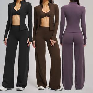 YIYI Ensemble de sport 3 pièces pour <span class=keywords><strong>femme</strong></span>, col montant, coupe ajustée, pour fitness et yoga, avec pantalon évasé taille haute effet push-up et veste - Product Image 1