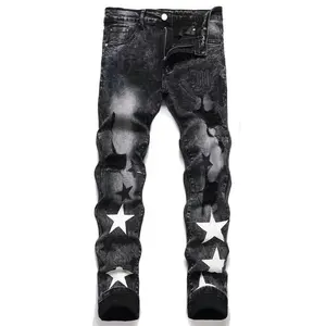 Sommer Neue Stars Patchwork zerrissene Applique Stickerei Jeans Herren und Damen mit Stickerei Slim-fit kleine Füße lange Hosen