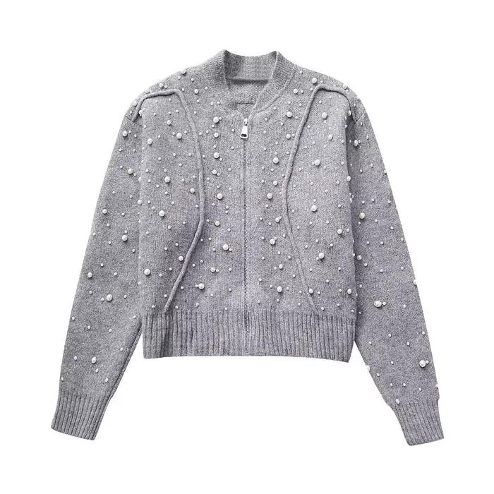 MY4222 Neu European Chic Grau Farbe Faux Pearl Langarm Cardigan Frauen Casual Cardigan Outwear Kleidung 11