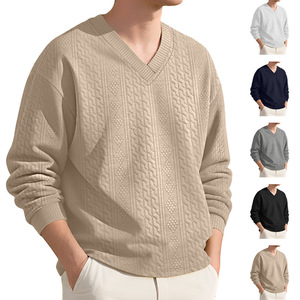 Pull décontracté en jacquard tricoté uni à col en V pour homme, coupe ample, manches longues, style automne, tendance <span class=keywords><strong>Ins</strong></span> - Product Image 2