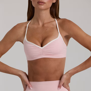 Top Deportivo para Mujer con Logotipo Personalizado, Cuello en V, Tirantes Finos, Estilo Halter, para Yoga y Fitness, con Ribete en Contraste, <span class=keywords><strong>de</strong></span> Baja Impacto y Tejido Cepillado - Product Image 1
