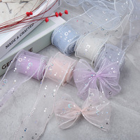 Pita Tulle Iridescent Laser Print 2 Inci 5cm dengan Hiasan Kulit Model Ekor Ikan Gaya Jepang, Loop Kecil untuk DIY Hiasan Rambut, Sepatu, dan Bunga