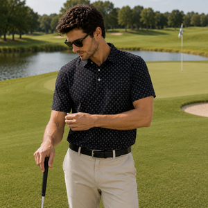 Polo de Golf Negro Premium Personalizado para Hombre, con Micro Patrón, de Alto Rendimiento, que Absorbe la Humedad, Marca Privada, Ropa Corporativa OEM - Product Image 1