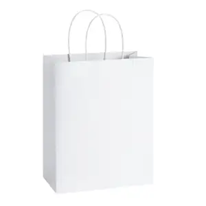 White Gift Bags Medium Shopping Retail Merchandise Wedding Party Favor Bags Kraft Paper Bags With Handles Bulk