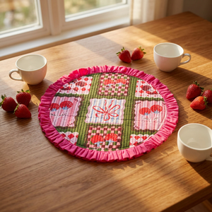 Modern Round Quilted <b>Doormat</b> Ruffle Border Pink Floral Linen Style Multi-functional Home Entry Decor - Product Image 2