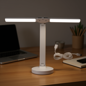 Lámpara de escritorio LED con doble cabezal, 3 modos de iluminación, alimentada por USB, diseño minimalista, cuerpo de plástico blanco, regulable, eficiente en energía - Product Image 2