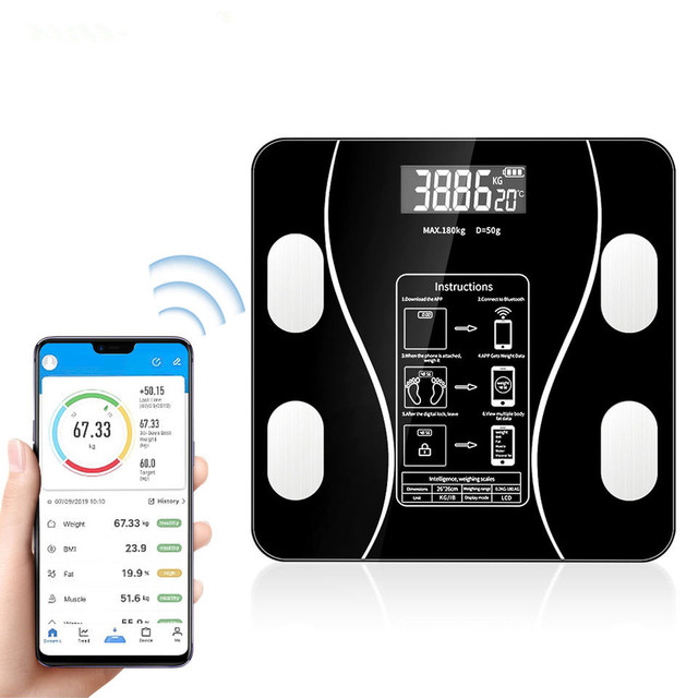 180kg Body Fat Scale Connect APP Glass Bathroom Weight Scale Rectangle LCD