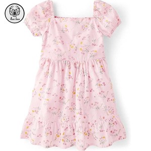 <span class=keywords><strong>Abito</strong></span> da <span class=keywords><strong>bambina</strong></span> a manica corta stampa floreale con scollo rotondo elasticizzato con collo quadrato drappeggiato a cerniera per l'estate - Product Image 2