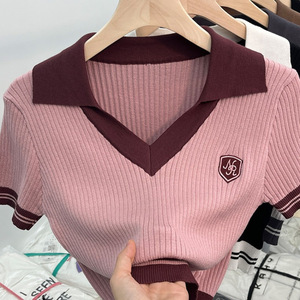 V-neck <strong>Women's</strong> T-shirts Knitted <strong>Tops</strong> <strong>for</strong> <strong>Women</strong> Ice Silk Short-sleeved Blouse - Product Image 1
