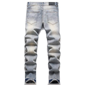 Jeans pour hommes de haute qualité, style vintage, coupe droite, tendance streetwear, avec patchs déchirés et broderies décontractées - Product Image 1