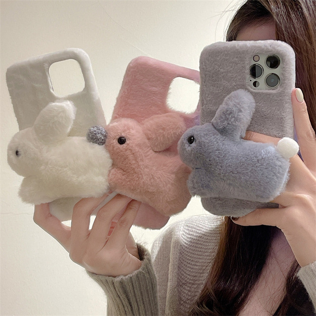 IVANHOE New autumn and winter cute plush 3D white rabbit suitable for Apple 16promax 15pro 14 13 girls' phone case