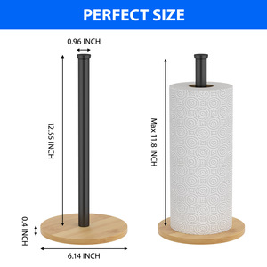 Standing <b>Paper</b> Towel Holder Wooden Base Black Metal Rod Minimalist Design Free Standing For <b>Kitchen</b> Bathroom - Product Image 2