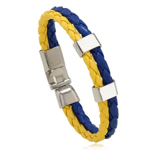 Двойной простой синий и желтый многослойный Плетеный Кожаный Креативный новый браслет с украинским флагом