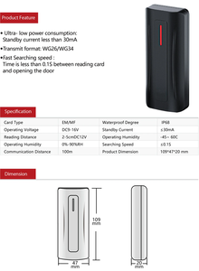 IP68 방수 13.56Mhz RFID IC 카드 리더 Wiegand WG26 WG34 ABS 소재 근접 액세스 제어 시스템 125KHz 주파수 - Product Image 3