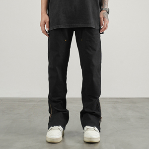 <span class=keywords><strong>Pantaloni</strong></span> Streetwear OEM <span class=keywords><strong>con</strong></span> tasca laterale <span class=keywords><strong>pantaloni</strong></span> a gamba svasata da uomo in cotone Twill personalizzato tinta unita <span class=keywords><strong>con</strong></span> Zip Patchwork nera - Product Image 2