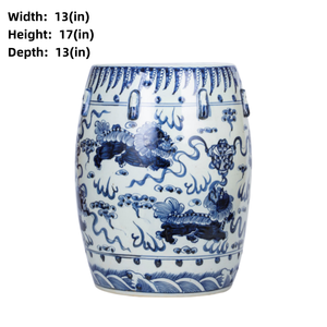 Tabouret en porcelaine bleu et blanc de style chinoiserie, motif audacieux de chien Foo, siège oriental distinctif pour maison moderne et traditionnelle - Product Image 2