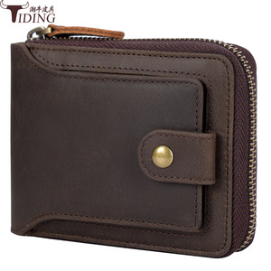 Portefeuille en cuir véritable Tiding, marron foncé, plusieurs emplacements pour cartes, protection RFID, fermeture éclair courte, unisexe, usage quotidien - Product Image 4