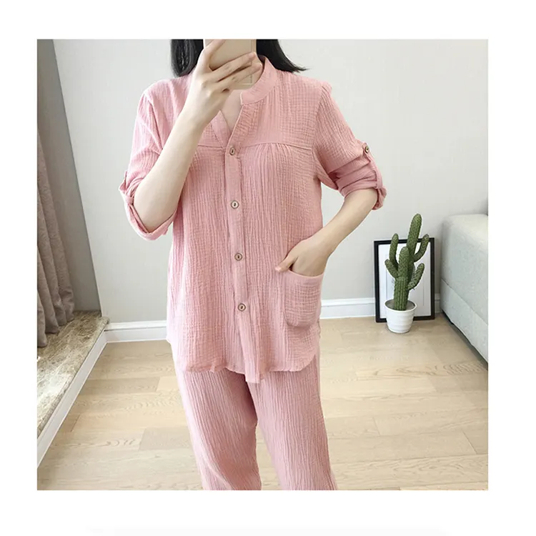 Factory Direct Supply Cheap Price Pure Color 2pcs Cotton Long Sleeves Pajamas Sets Gauze Gown For Women