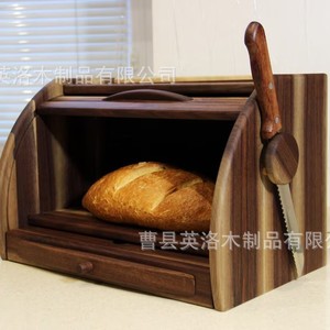 Bread Storage Box Solid Wood Roll Top With Drawer <b>Kitchen</b> Countertop Bread Container Natural Wood Color Rectangle Shape - Product Image 2