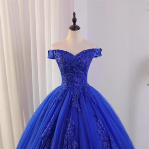 Blue Off-Shoulder Ball Gown Empire Waist Chiffon Floral Print Evening Dress for Women - Product Image 4