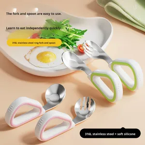 Cuchara y Tenedor de Entrenamiento <span class=keywords><strong>para</strong></span> Niños con Mango de Silicona, Cuchara Yuanbao de Acero Inoxidable 316 con Cabeza Curva, Diseño Fresco y Lindo, Cuchara y Tenedor <span class=keywords><strong>para</strong></span> Alimentos <span class=keywords><strong>para</strong></span> Bebés - Product Image 2
