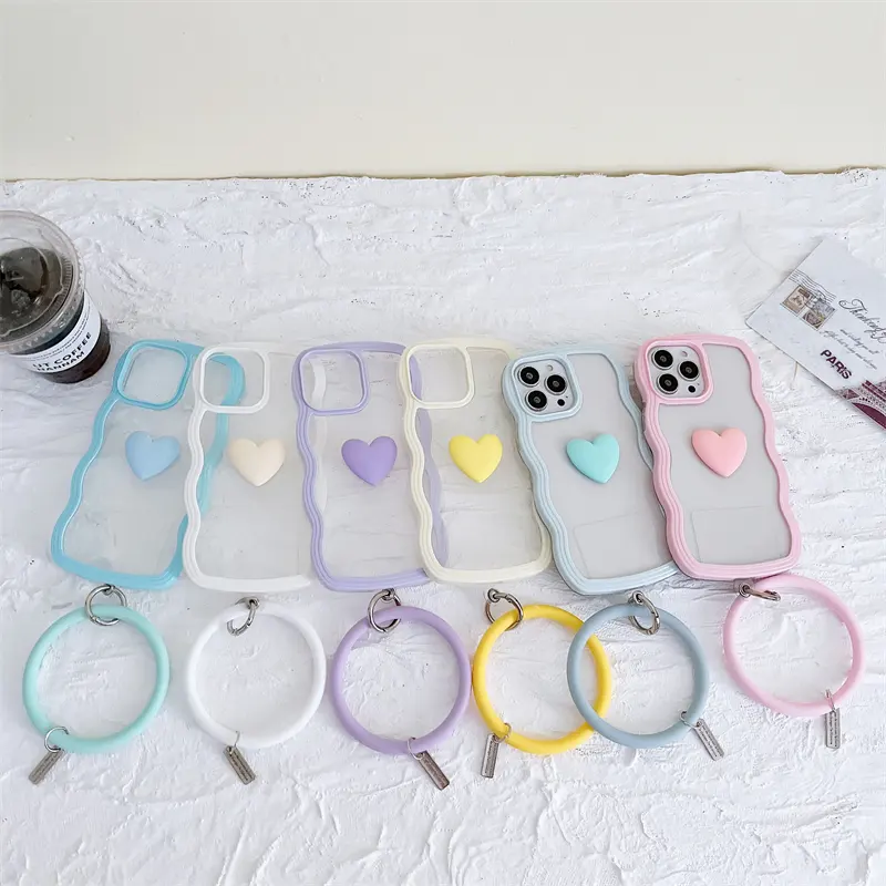 Custom Design 3D Love Heart Curly Wave Phone Case with Silicone Hanging Strap for IPhone 13 12 11 Pro Max XR 7 8 Plus