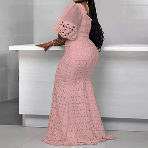 Vestido de noche transfronterizo europeo y americano para mujer, malla de Color sólido, mangas abullonadas, encaje hueco, falda de cola de pez que cubre la cadera - Product Image 5