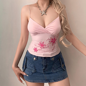 Top Corto Sexy Y2K con Estampado Floral y Tirantes Finos para Mujer, Cuello Cruzado en V, Ajuste Delgado, Sin Mangas, Estilo Urbano, para Salir de Noche - Product Image 1