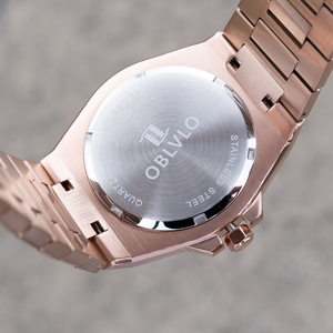 OBLVLO Luxury Fashion Mens Rose Gold Round Diamonds Bezel Quartz 40mm Green Dial Date Display Bracelet <strong>Retro</strong> <strong>Clock</strong> AW - Product Image 5