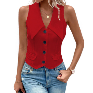 Chaleco de traje para mujer de color liso, con cuello de solapa grande, cuello en V, sin mangas, estilo cárdigan, de moda - Product Image 1