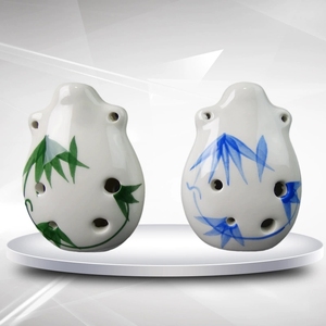Ocarina en céramique à 6 trous, dessinée à la main, verte et bleue, motif bambou, cadeau idéal pour les amateurs de musique - Product Image 2