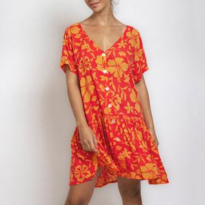 Robe bohème à fleurs de conception d'usine, bouton, col en V, robe décontractée, lin de haute qualité mélangé à du coton, robe mi-longue - Product Image 1