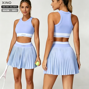 Women <strong>2</strong> <strong>Piece</strong> Tennis Activewear <strong>Set</strong> Racerback Crop Tank <strong>Top</strong> High Waist Pleated <strong>Skirt</strong> with Built-in Shorts OEM Golf Athletic Wear - Product Image 1
