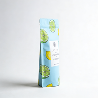 Sachet vide personnalisé bleu ciel imprimé, design citron vert mat, refermable avec fermeture éclair, à fond à soufflet et à encoche de déchirement, vente en gros