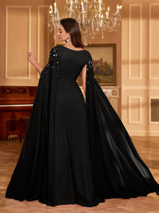 Robe de soirée Maxi en mousseline de soie à manches longues et fente au sol pour femmes de grande taille col <span class=keywords><strong>carré</strong></span> avec strass et paillettes - Product Image 6